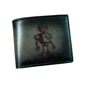 Carteira masculina de couro com desenho de robô, carteira android personalizada com gravação, presente de arte mecânica para ele, presente de couro para namorado, marido