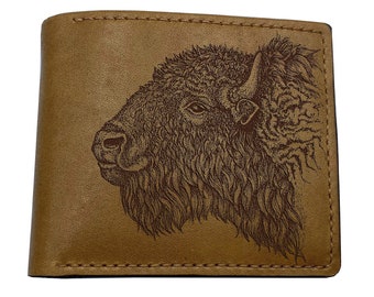 American bison drawing leather art wallet, customized animal pattern men gifts, buffalo native animal men's present, wildlife style gift