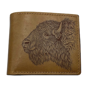 Amerikaanse bizon tekening lederen kunstportemonnee, op maat gemaakt dierenpatroon mannencadeaus, buffel inheems dier herencadeau, cadeau in natuurstijl