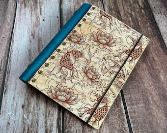 Koi fish wooden journal, Japanese pattern style journal, leather wood journal, notebook, customized refill wood journal, personalized gifts