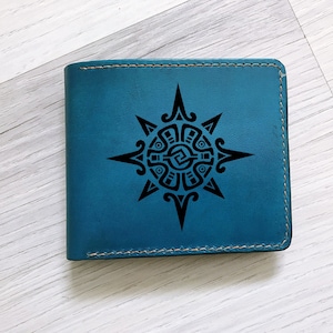 Cartera de cuero personalizada para hombre con símbolo antiguo maya inca de sol y estrella, regalo para hombre con signo mitológico grabado, billetera con patrón mexicano
