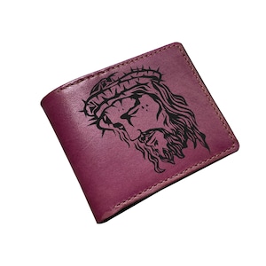 Cartera de cuero personalizada para devotos, cartera de cuero con grabado del Hijo de Dios Jesucristo, regalo para hombres cristianos, regalo con significado de esposo y padre.