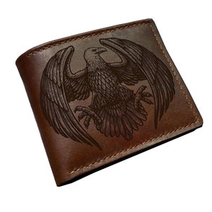 Cartera de cuero con grabado de águila, regalo de cuero personalizado para papá, billetera Eagle America para él, billetera para tarjeta de identificación, regalo personalizado para novio