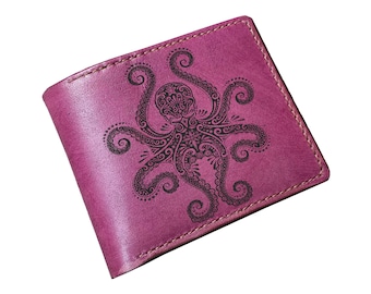 Octopus kraken zentangle art wallet, customized leather wallet for him, ocean monster pattern gift, leather anniversary xmas present ideas
