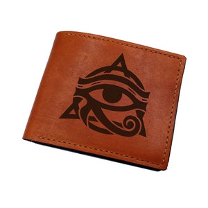 Cartera de cuero hecha a mano con el símbolo del Antiguo Egipto, regalo artístico del Ojo de Horus, cartera de cuero grabada con un signo sagrado, regalo de Navidad personalizado para hombres.