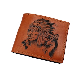 Portefeuille d'art en chef amérindien, cadeau pour hommes autochtones, idées cadeaux en cuir personnalisées pour papa, portefeuille de style indien pour mari, frère