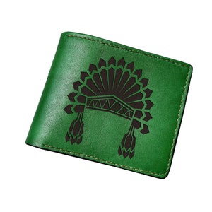 Cartera de cuero personalizada para hombre, estilo nativo americano, con símbolos de sombrero de jefe tribal indio grabados, cartera con nombre grabado.