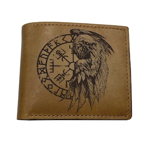 Cartera de cuero con brújula celta de cuervo, cartera con grabado del símbolo vikingo Vegvísir, cartera nórdica para él, regalo de cumpleaños y boda para papá y esposo.