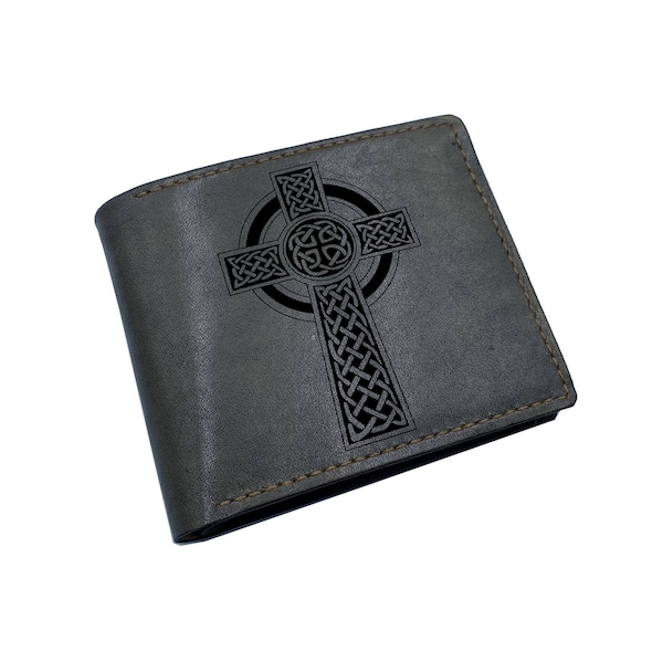 Celtic knot cross symbol, custom leather wallet, personalized leather present for dad, husband, brother, leather anniversary gift for friend