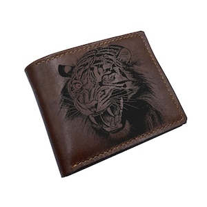 Retrato artístico de un tigre rugiendo, patrón de dibujo de animales del bosque, billetera de cuero personalizada para novio, esposo, padre, idea genial para regalos de Navidad.