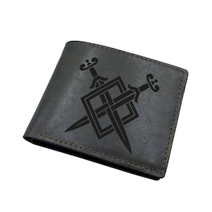 Cartera de arte moderno con símbolo de espada, ideas de regalos de cuero personalizados para cumpleaños, aniversarios y Navidad, cartera de guerrero para papá, regalos geniales para hombres.
