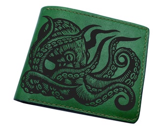Personalized leather men's wallet, kraken drawing sketch art, ocean monster leather gifts for him, monster present for husband, brother