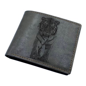 Patrón de animales del bosque salvaje, ideas de regalo para amantes de los grandes felinos, billetera de cuero genuino para él, billetera de tigre con personalización, regalo de Navidad