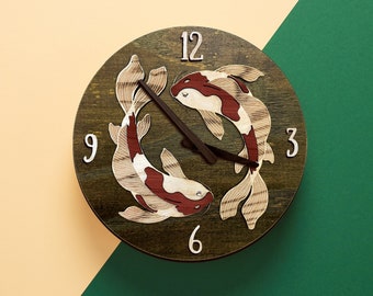 Wood wall clock, modern clock for kitchen, decor wooden wall clock, layers natural clock, koi fish japanese minimalist animal pattern clock
