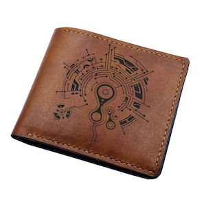 Arte con patrón circular de estilo electrónico, billetera de cuero personalizada para hombre, billetera estilo tatuaje de placa de circuito, regalo para hombres de alta tecnología, arte mecánico