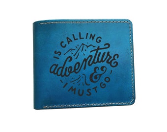 Adventure is calling typography leather men's wallet, traveling lover wallet, inspirational quote men's gift, birthday present for him