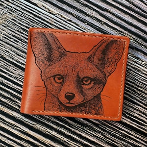 Cartera de piel de zorro felino, cartera con estampado animal, cartera de piel grabada personalizada para un amigo, cartera de zorro para él, ideas de regalo de cumpleaños para tu esposa.