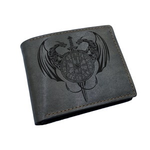 Carteira de couro de guerreiro viking, ideias de presentes de Natal para homens, presente com padrão de runas nórdicas celtas, presente de couro estilo escandinavo