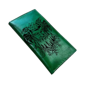 Cartera de cuero con estampado de runas nórdicas celtas, regalo vikingo para hombre, cartera con arte de cuervo, regalo con dibujo de Odín, cartera larga y moderna para hombre.
