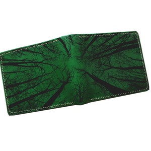 Cartera de cuero personalizada para hombre, con grabado de cielo de bosque con vista hacia arriba, regalo para hombre, ideas para regalos de aniversario de Navidad, billetera para hombre con bloqueo RFID