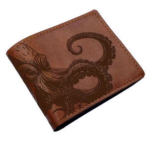 Oktopus Zeichnung Leder Brieftasche, Octopus Kraken Leder Brieftasche, Octopus Liebhaber Geschenkideen, Ozean Meerestier Geschenk, Brieftasche für Papa, Ehemann