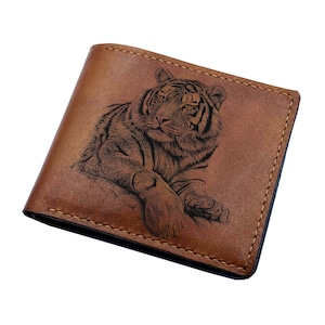 Cartera de cuero personalizada hecha a mano, regalo de cuero genuino para hombres, billetera con arte para amantes de los grandes felinos, billetera con dibujo de depredador de tigre, regalo de arte de tigre