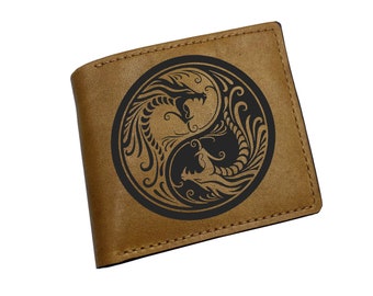 Personalized bifold card wallet for men, dragon tattoo style engraved wallet, ying yang circle art wallet, christmas gift ideas for him