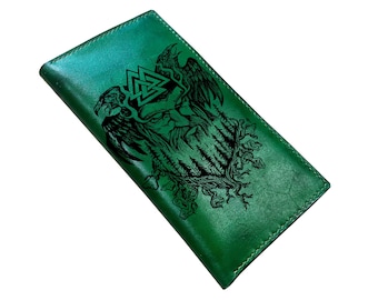 Celtic norse runes pattern leather wallet, viking men's gift, raven art wallet, odin drawing art present, cool long men wallet