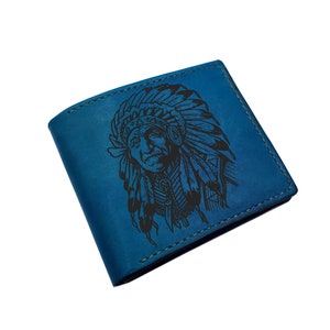 Retrato artístico de chefe tribal indiano, carteira masculina de couro personalizada com duas dobras, carteira de couro para pai, presente de couro para homens nativos no Natal