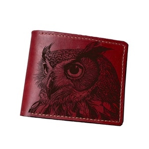 Cartera de cuero de búho hecha a mano, regalo de cuero grabado personalizado, arte con patrón animal, regalo de búho para hombre, regalo de San Valentín para él, billetera para esposo