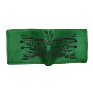 Cartera de hombre de piel auténtica verde, personalizada para papá, con patrón grabado en placa de circuito mecánico, regalo para novio y marido.