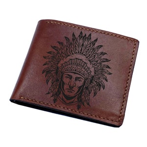 Cartera de cuero personalizada para hombre, ideas de regalos para hombres nativos, arte de dibujo de jefe tribal indio americano, cartera de cuero con grabado personalizado para él