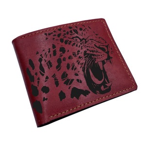 Cartera de cuero personalizada, cartera con nombre grabado, arte moderno con dibujo de leopardo rugiente, cartera con retrato de jaguar, ideas de regalos de compromiso para hombres