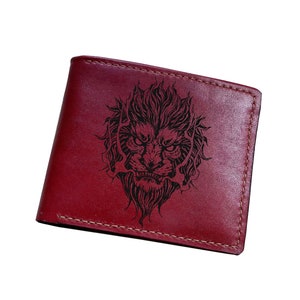 Safari Raubtier Gravur Leder Brieftasche, Brieftasche mit Tiermuster, Brieftasche für Papa, Löwen Gesicht Zeichnung Kunst, individuelle Löwen Geburtstagsgeschenk für Männer
