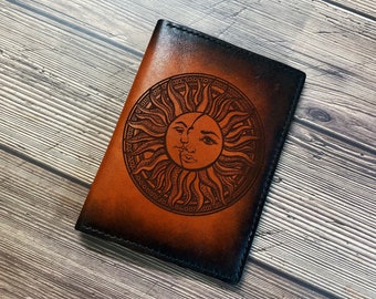 Custom leather passport wallet, sun and moon art wallet, travel gift ideas for friends, gift for travelers, family passport wallet