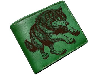 Carteira de couro de lobo, presente de arte com desenho de lobo, carteira masculina de couro com gravação personalizada, ideias de presentes para animais selvagens predadores, carteira para pai