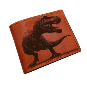 Carteira de couro com gravura de T-rex, ideias de presentes de couro de predador de dinossauro, carteira de dinossauro para namorado, presente para criança, ideias de presentes jurássicos para homens