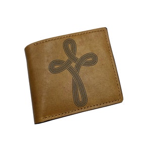 Christliches Kreuz Zierknoten Symbol, mystisches Zeichen Portemonnaie, heiliges Symbol Gravur Leder Geschenk, Geldbörse für Papa, gesegnetes Geschenk für ihn