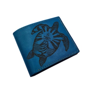 Cartera de cuero personalizada para hombre, cartera personalizada con patrón de tortuga, cartera con arte estilo tatuaje con dibujo de animales, cartera genial para papá, regalo para esposo