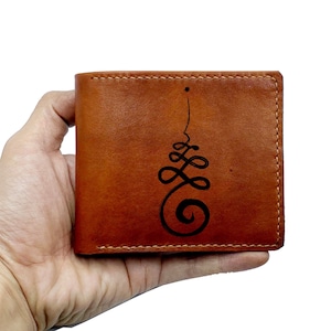Carteira de couro personalizada para homens, presente masculino com símbolos budistas gravados, carteira com símbolo de unalome, presente para homens, ideia de presente para pai e marido