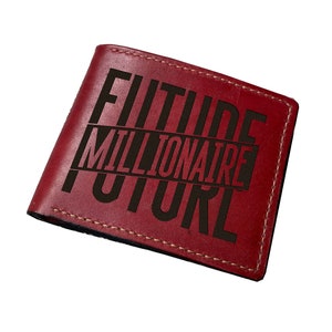 Portafoglio da uomo in pelle personalizzato, con capacità per tessere identificative, portafoglio in pelle con tipografia "futuro milionario", regalo con incisione per lui