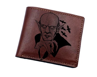 Horror style wallet, leather gift ideas for men in Halloween, horror men present, dracula vampire potrait leather wallet, cool gift for dad