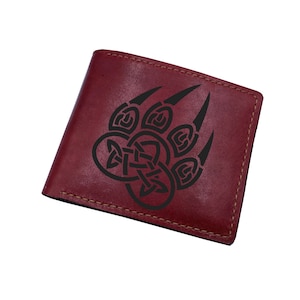 Benutzerdefinierte Leder Herren Brieftasche, keltische Bärentatze Knoten Zeichnung Kunst Brieftasche, nordische Runen Zeichen moderne Kunst Geschenk, Leder Jahrestagsgeschenk für ihn