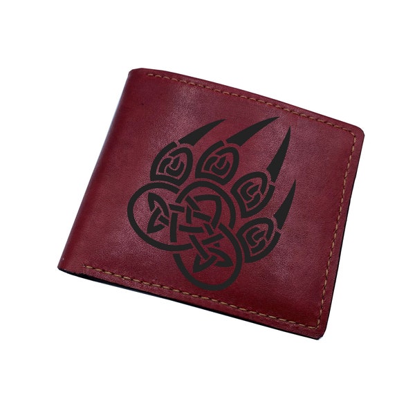 Portefeuille pour hommes en cuir personnalisé, portefeuille d'art de dessin de patte d'ours celtique, cadeau d'art moderne de signe de runes nordiques, cadeau d'anniversaire en cuir pour lui