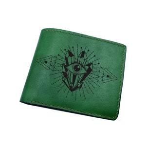 Die Kunst der Augen, die Lederbrieftasche, maßgeschneiderte Leder Herrenbrieftasche, Namensgravurgeschenk für ihn, Geburtstagsledergeschenk, heiliges Zeichen zeichnen