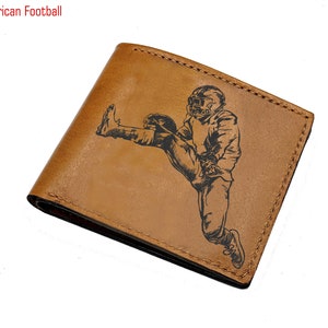 Cartera de cuero personalizada para hombre, cartera con grabado de jugador deportivo para hombre, cartera con jugador de fútbol americano, regalo personalizado para deportista