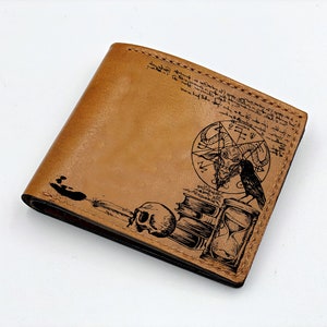 Carteira masculina de couro com pentagrama personalizada, carteira vintage geométrica, carteira com pentagrama gravado com sinal antigo para homens, presente de aniversário para ele