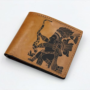 Cartera de hombre con diseño de guerrero inca maya, cartera de hombre con grabado personalizado, regalo de cuero con patrón azteca, idea de regalo de boda o graduación para hombres