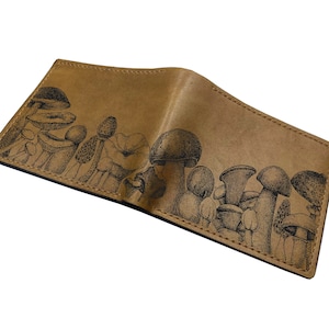 Cartera de cuero para hombre con diseño de hongos, regalo de cuero genuino, arte moderno con estampado de hongos, regalo para amantes de las plantas, cartera para hermano, novio
