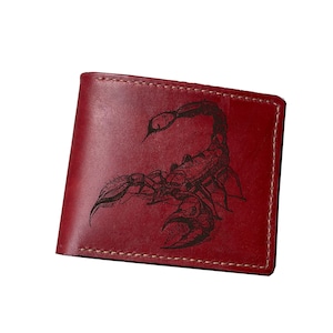 Cartera de cuero para hombre con dibujo de escorpión, regalo de cuero con grabado personalizado, regalo de cumpleaños espiritual animal para él, regalos de aniversario de cuero